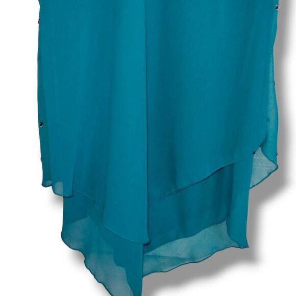 Mimi Singh Womens Dress‎ Sz Small Turquoise Silk Chiffon Beaded Asymmetrical Hem - Picture 4 of 11